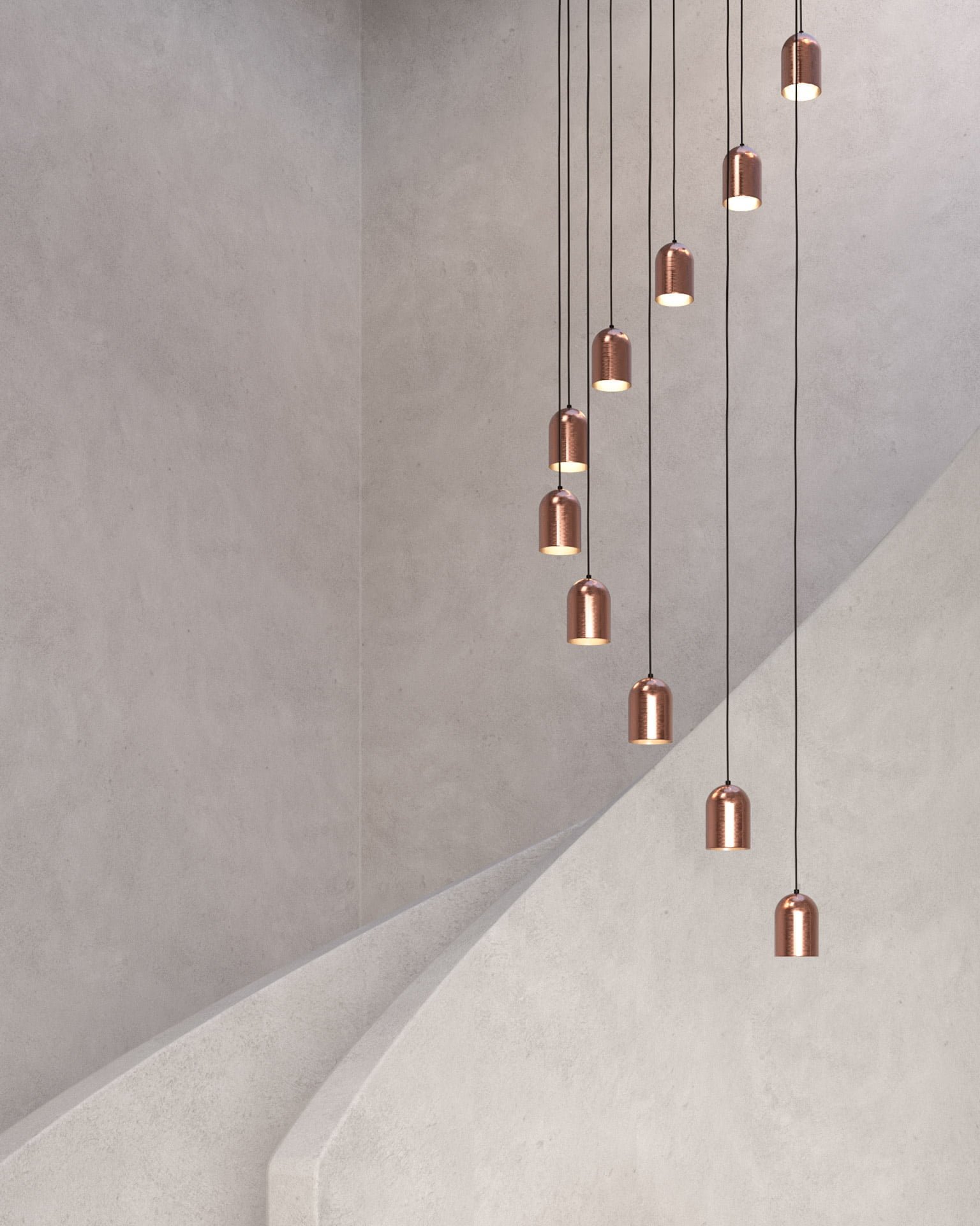 Modern Copper Pendant Lamps on Stairs