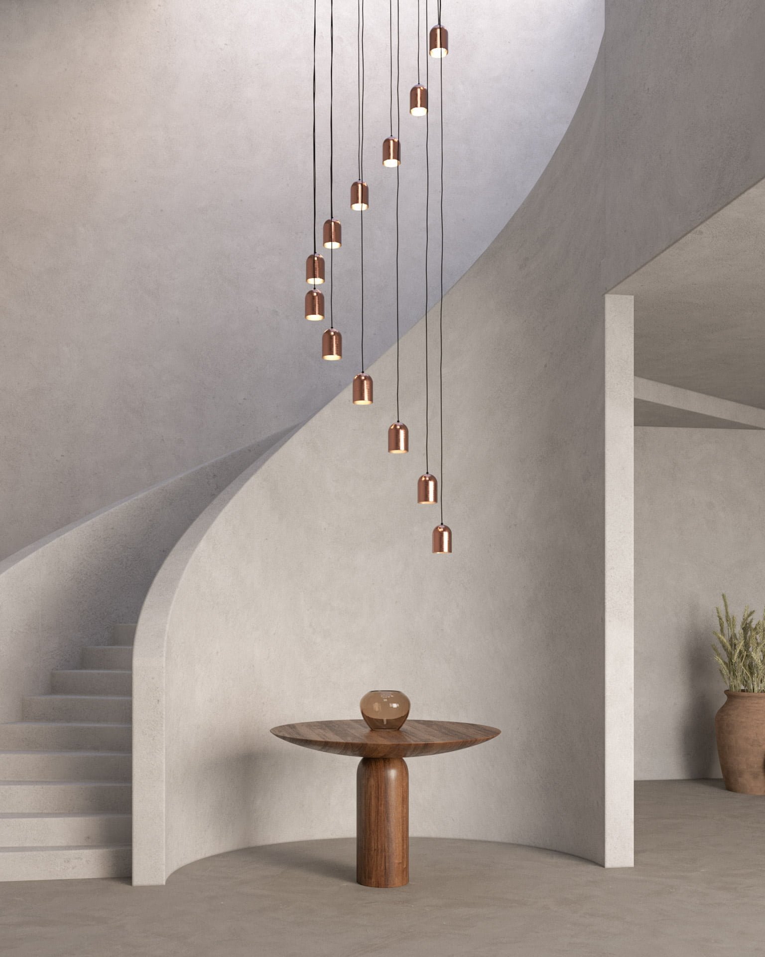 Pendant lamp for interior made of brush cooper in stairs o loby