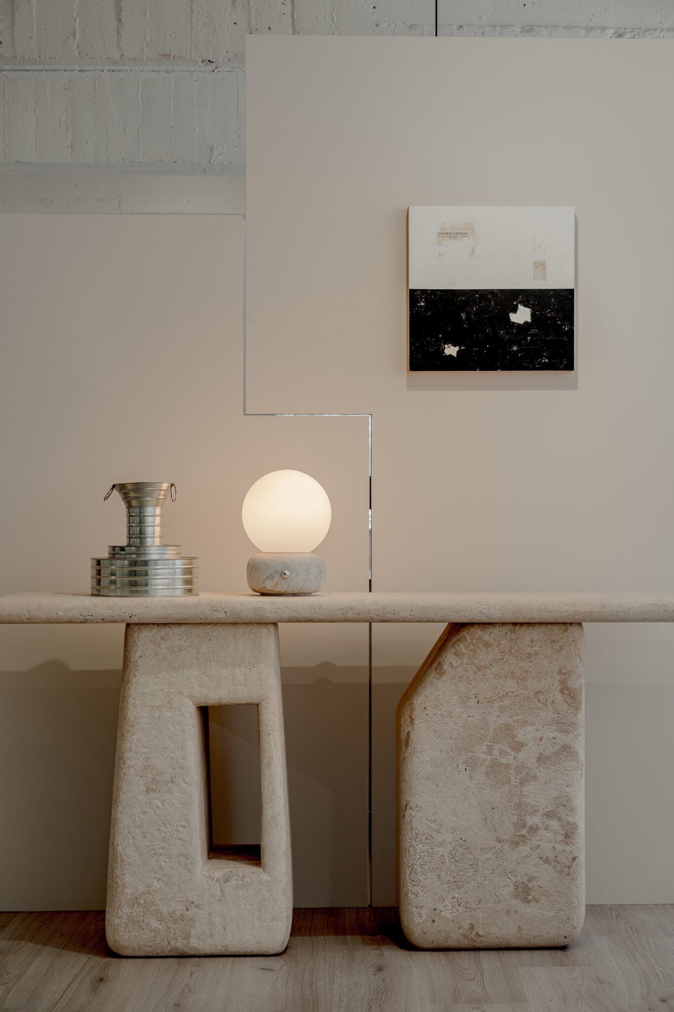 White glass sphere desk lamp with white marble base
