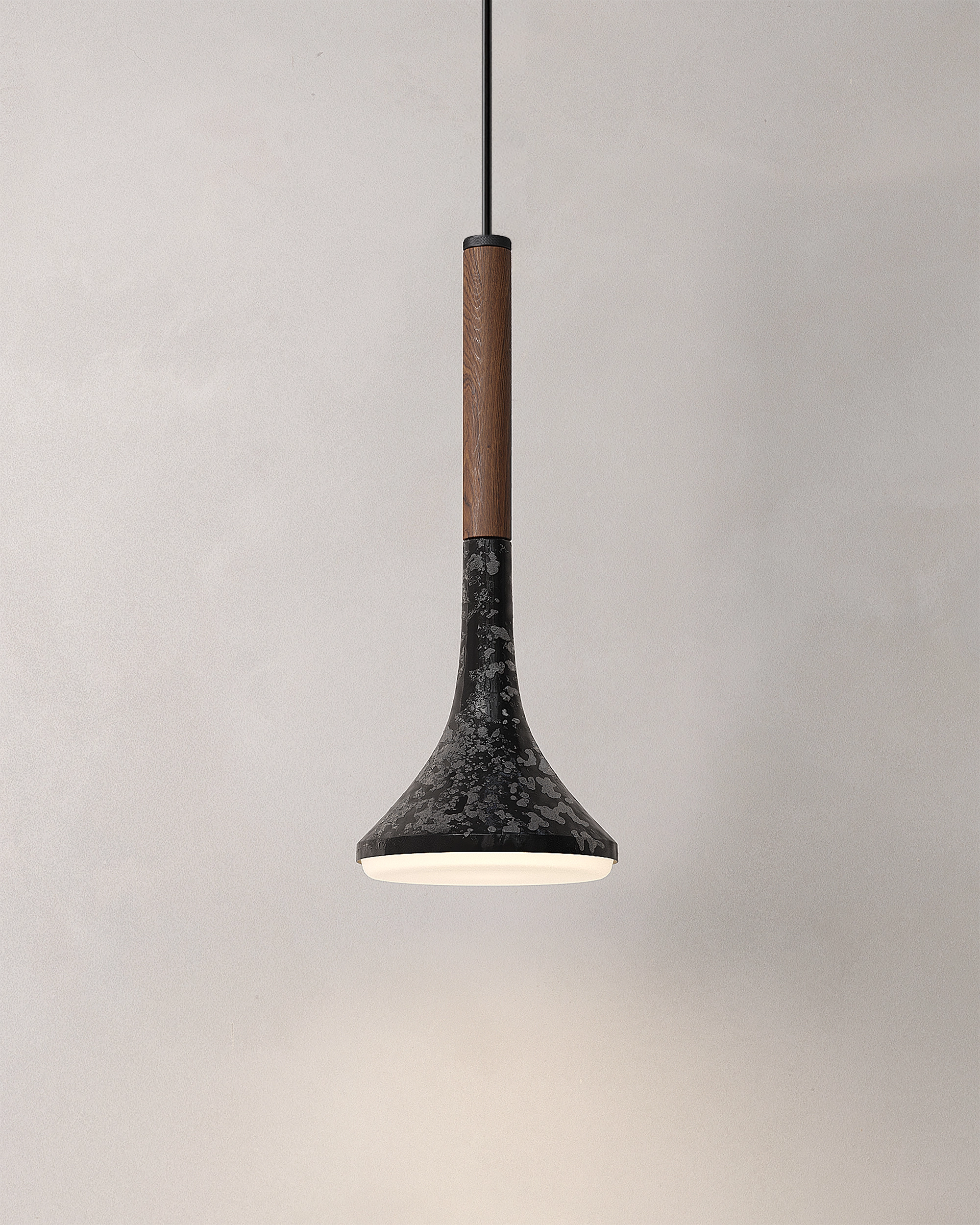 AURA pendant lamp made of porcelain steel and walnut wood designed by Bandido Studio.