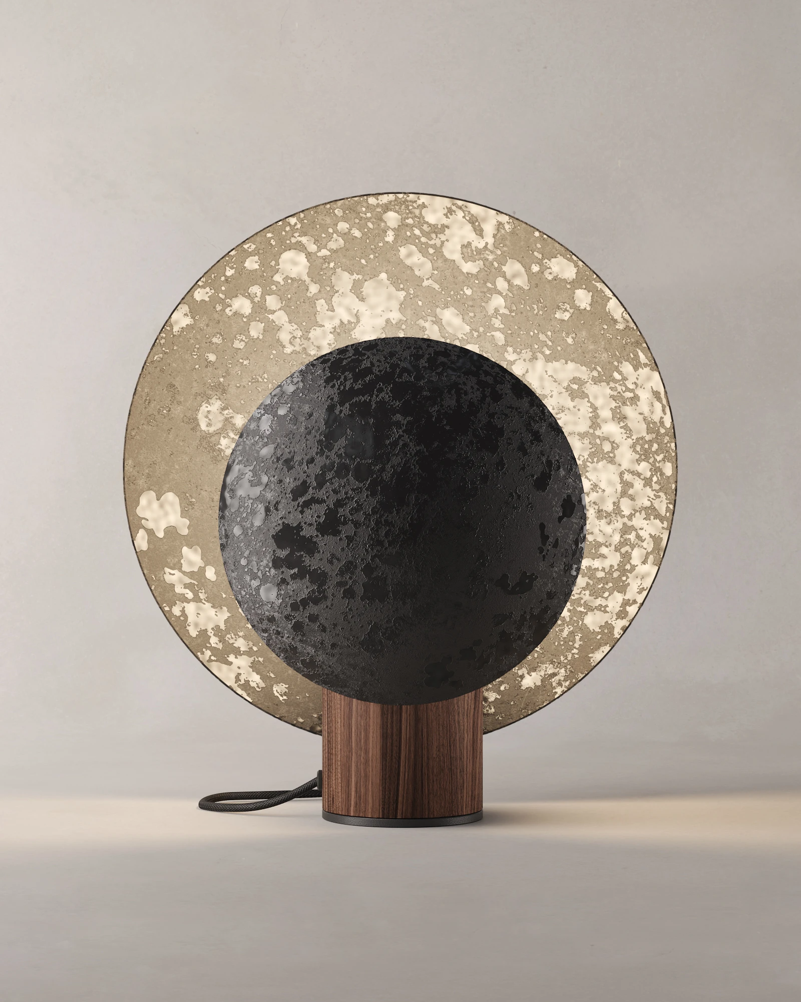 Lámpara de mesa AURA hecha de acero porcelanizado y madera de nogal diseñada por Bandido Studio.