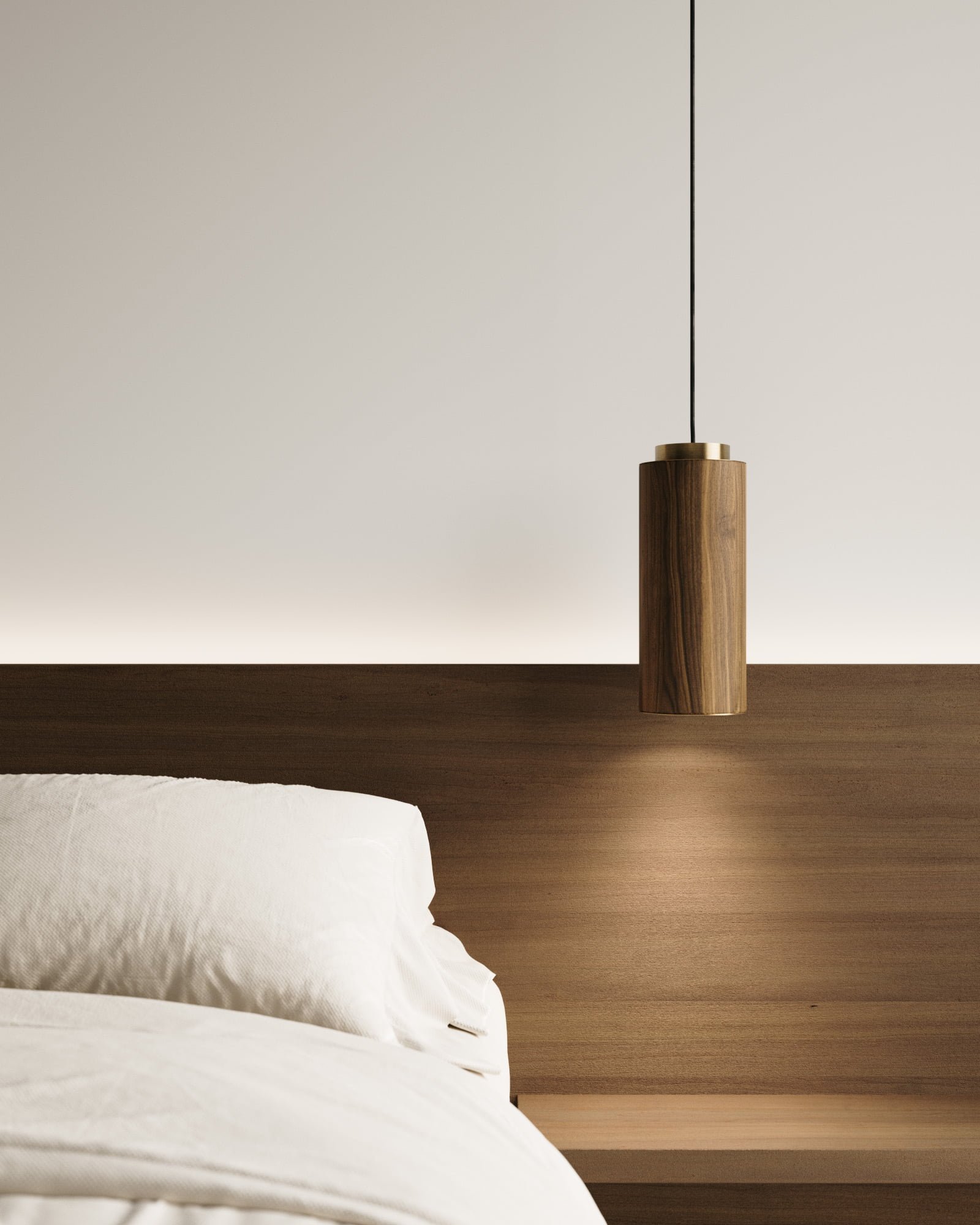TEMPLE modern hanging lamp made of wood designed by Bandido Studio in the room.