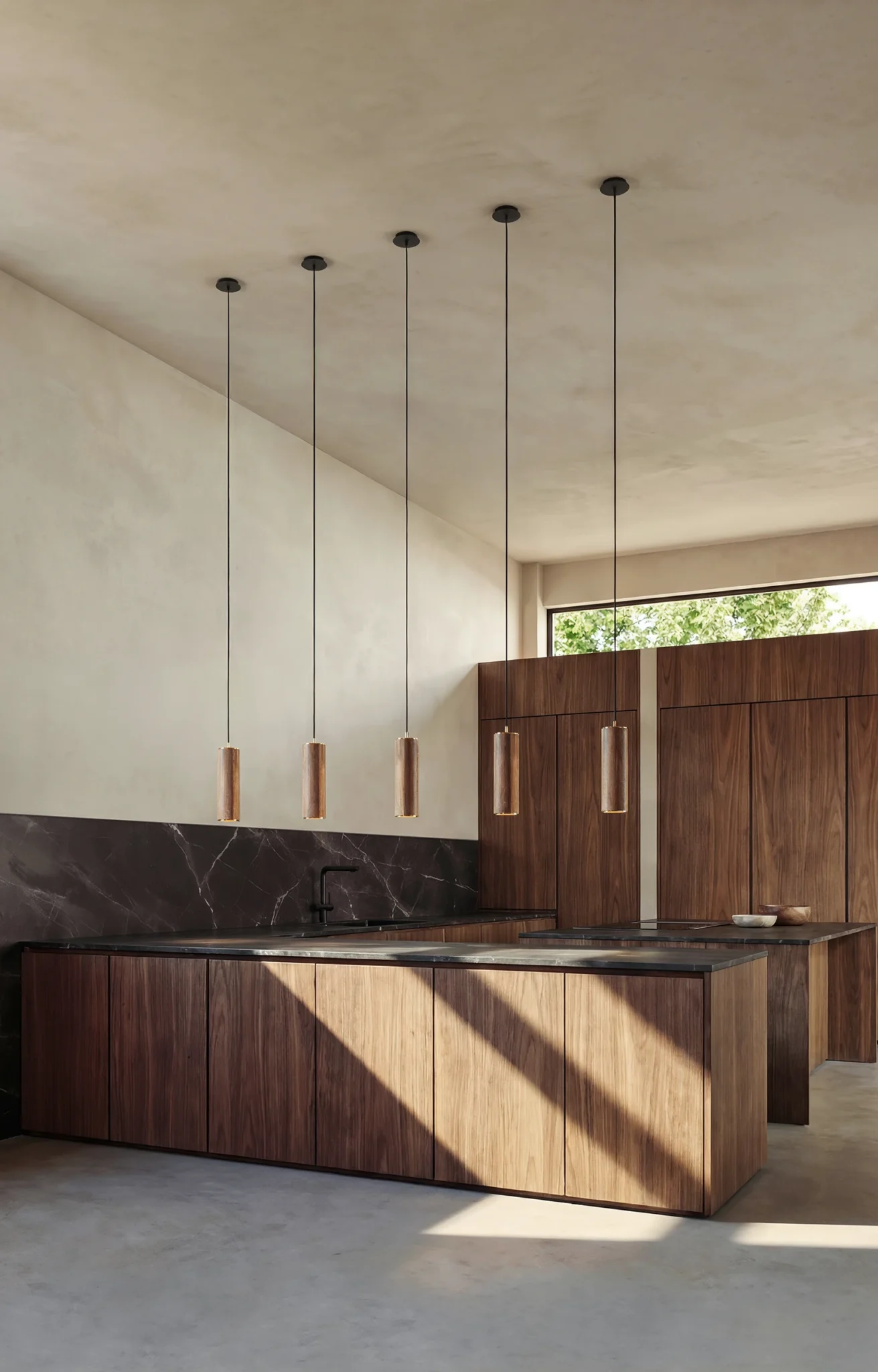 TEMPLO pendant lamp set, walnut with brass, Mexican design, Bandido Studio.