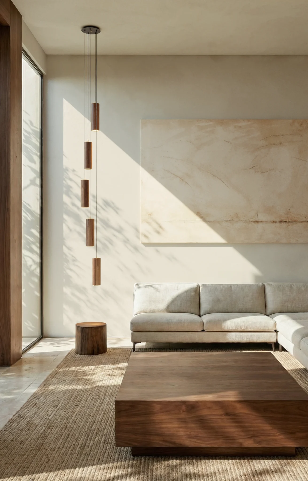 TEMPLO hanging lamp arrangement, wooden cylinder and gold details, Mexican design by Bandido Studio