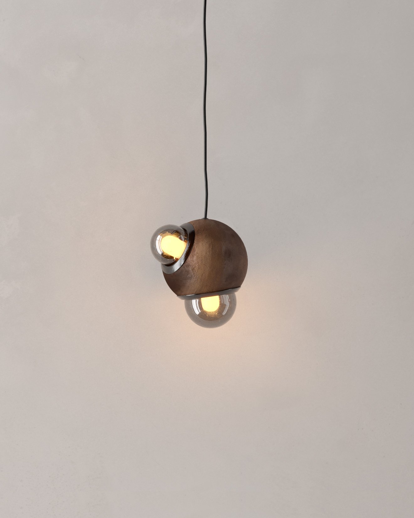 Lámpara colgante HUMO 13 color barro moteado con difusores de vidrio ahumado y detalle de aluminio anodizado color negro diseñada por Bandido Studio