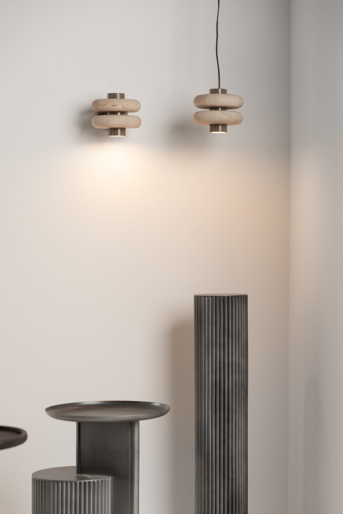 DUO collection luminaires in beige Mayan marble designed by Bandido in the Territorio Gallery x Alan Frank project