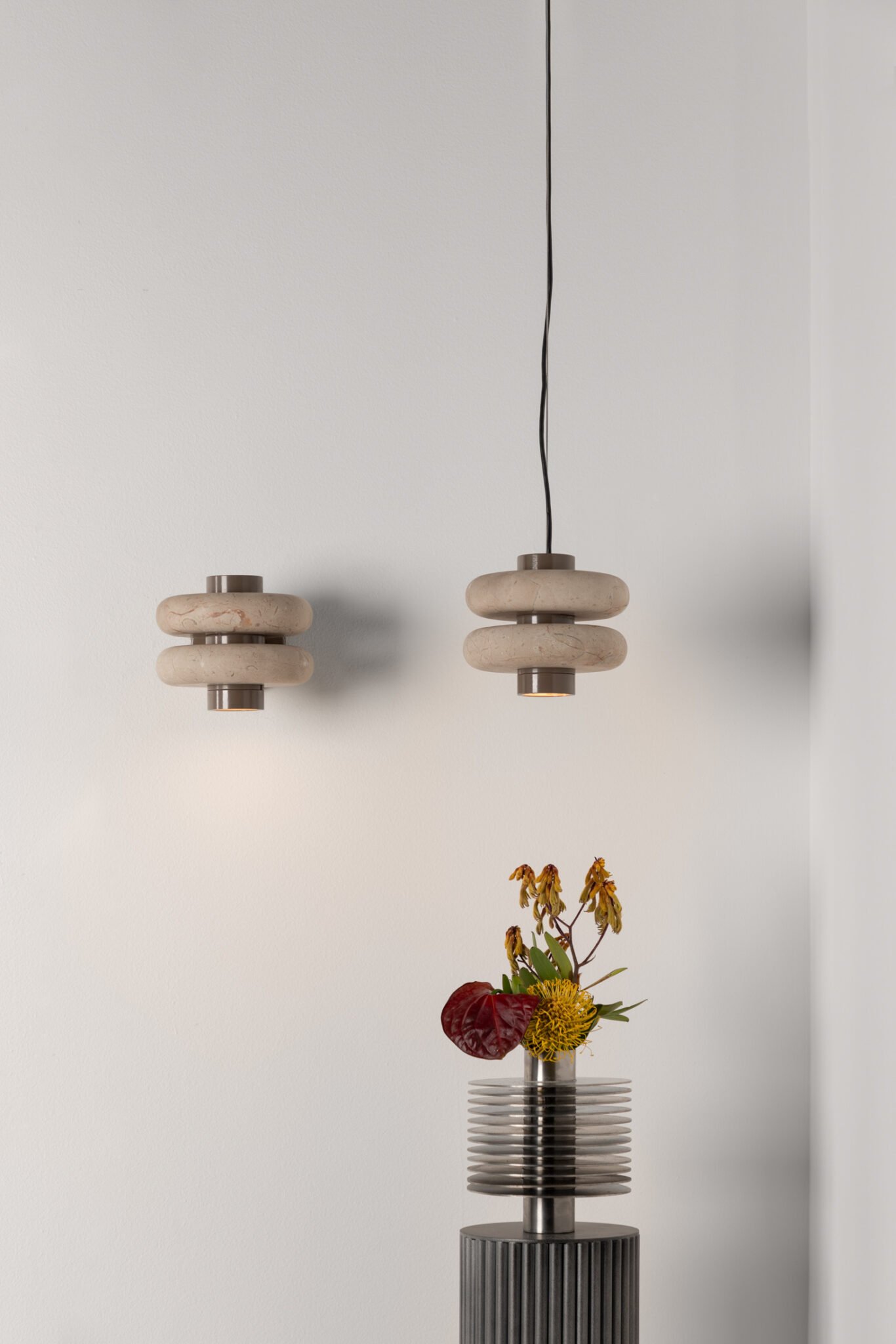 DUO collection lamps in Maya beige color designed by Bandido in the Territorio Gallery x Alan Frank project