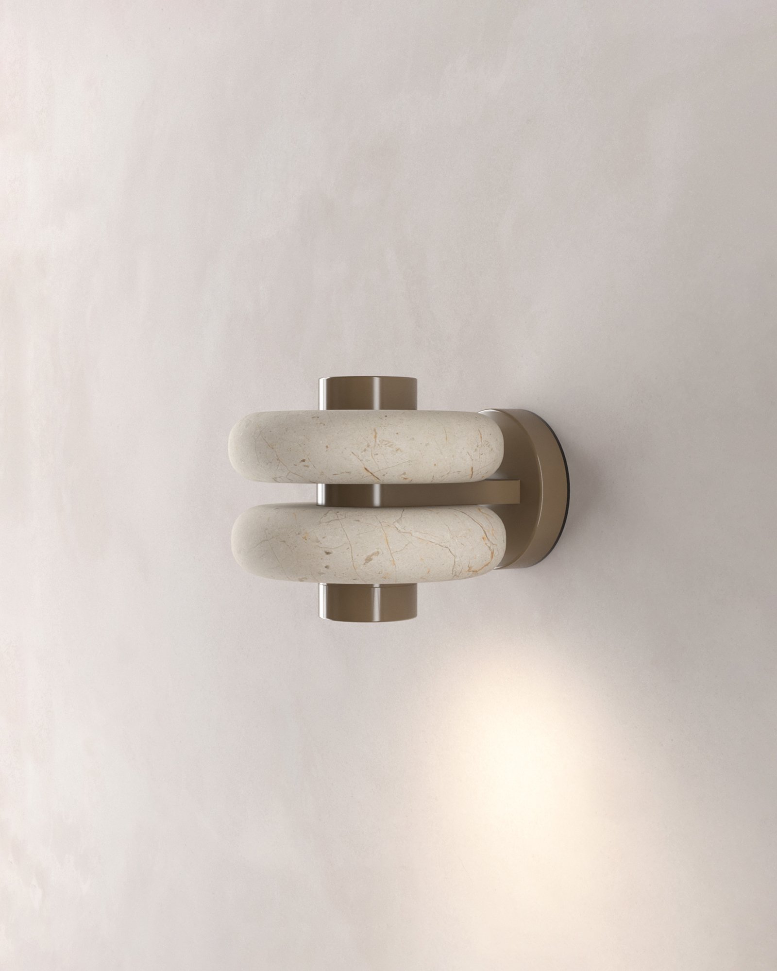 DUO wall luminaire made of beige Maya marble and electro-painted metal designed by Bandido Studio.