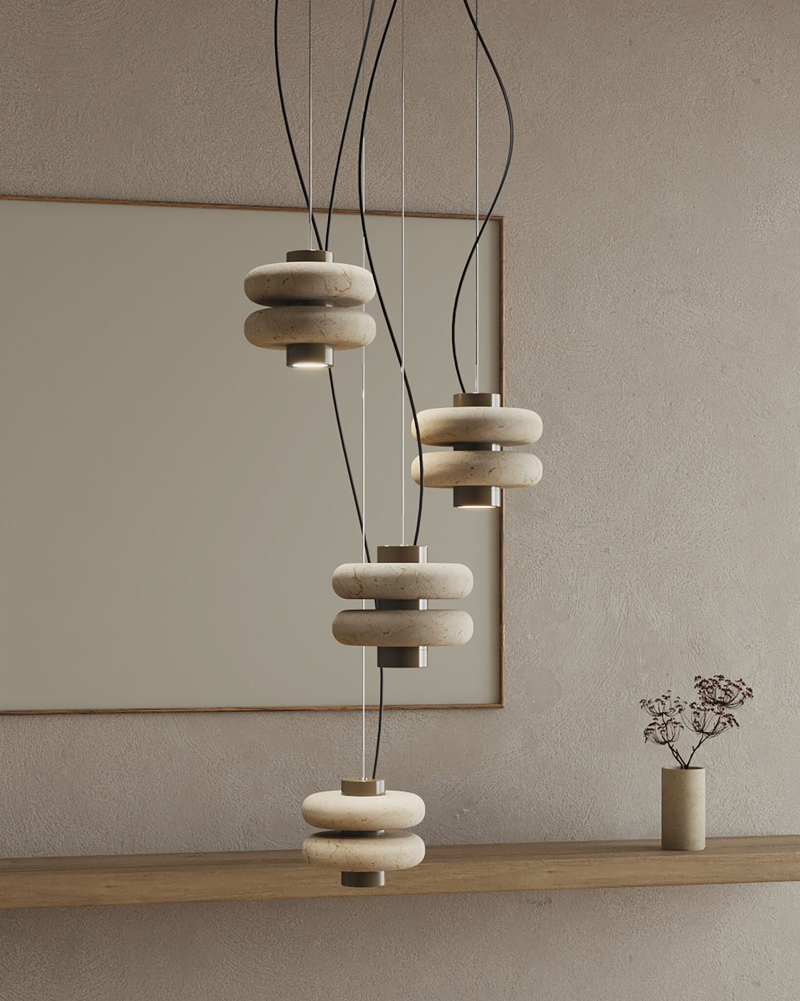 DUO ceiling lamps made of beige marble designed by Bandido Studio in Mexico