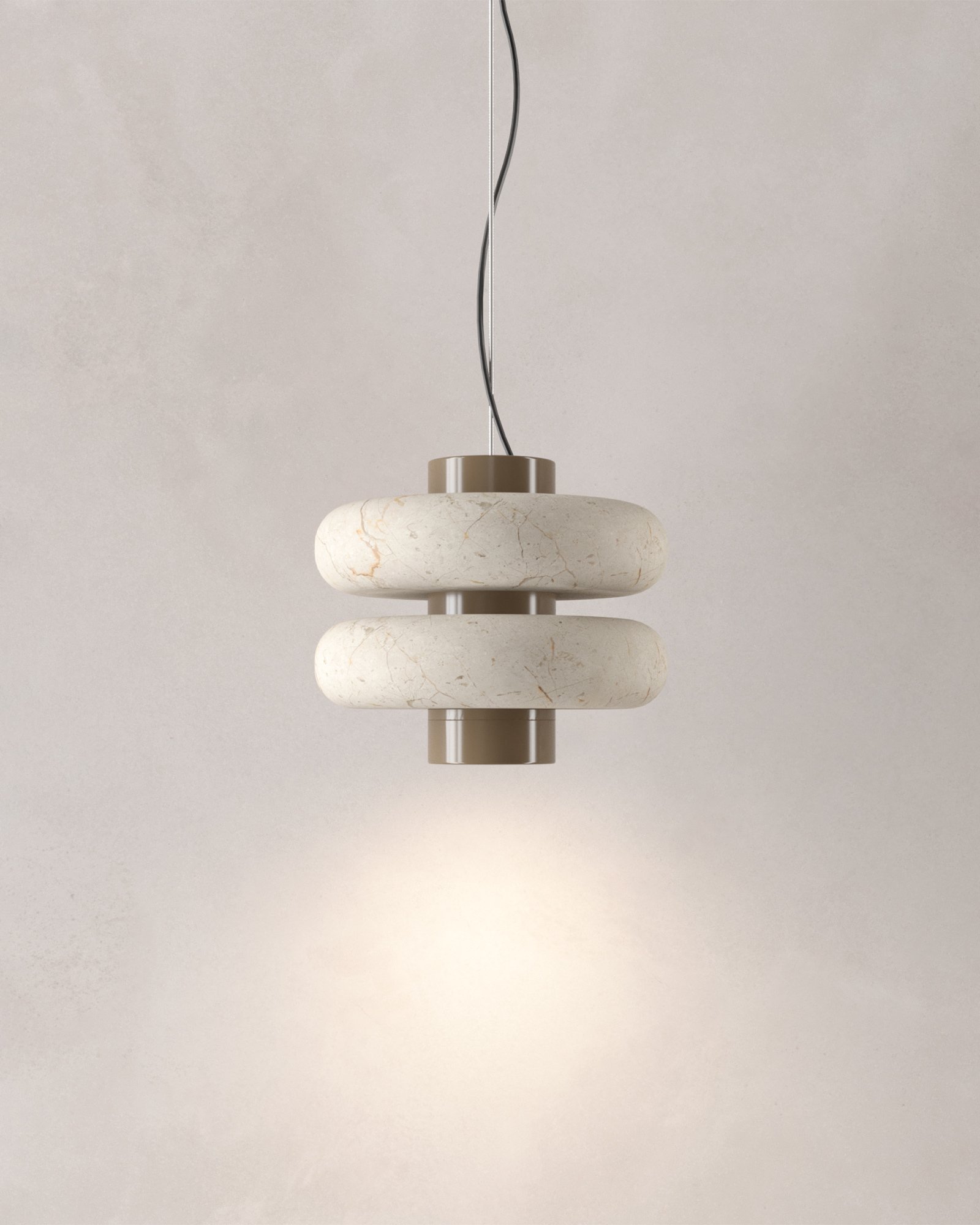 DUO pendant light made of beige Maya marble and electro-painted metal designed by Bandido Studio.