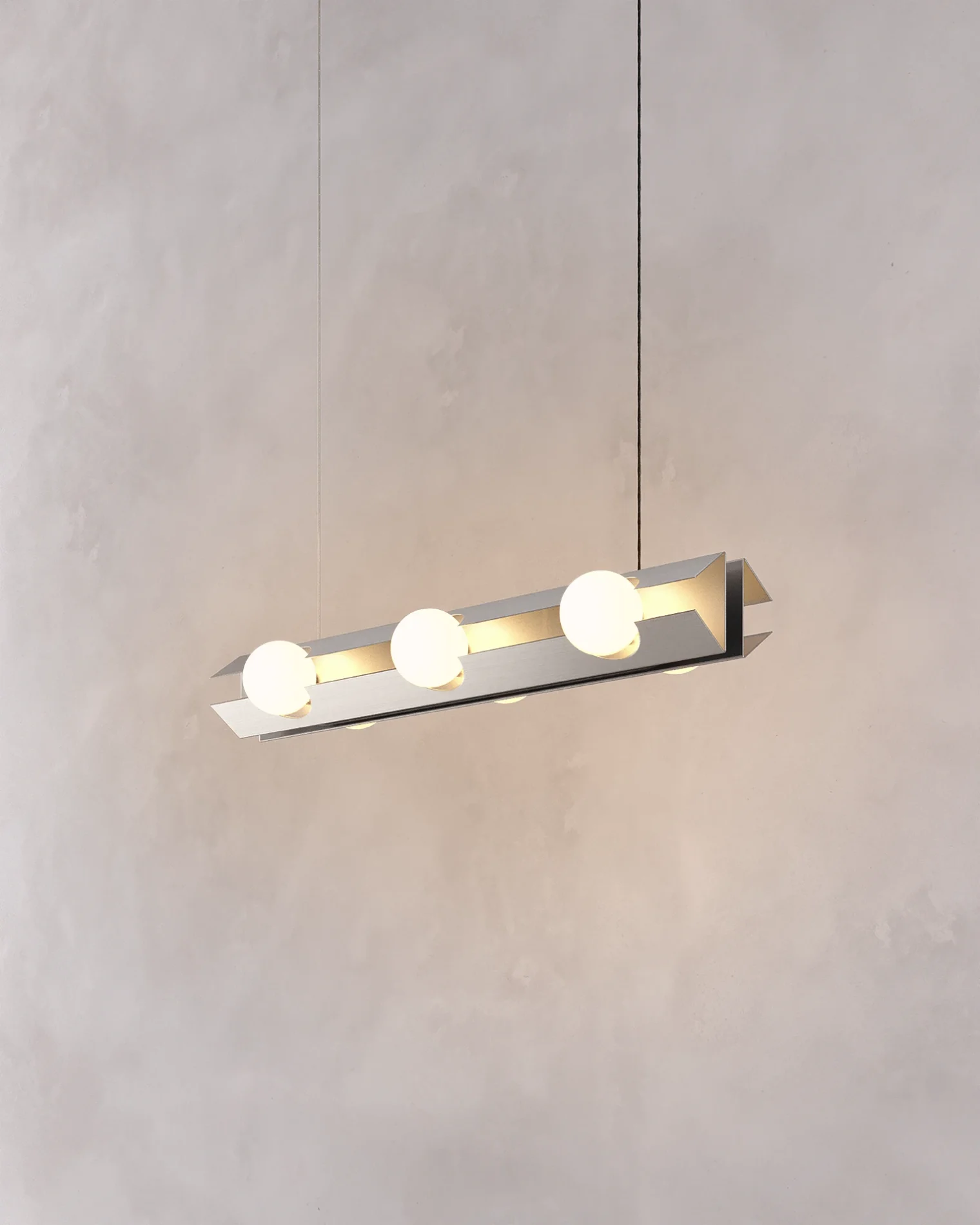 Capítulo NOVA | Lámpara FLUX colgante 70 horizontal acero inoxidable y difusores de vidrio diseñada por Bandido Studio