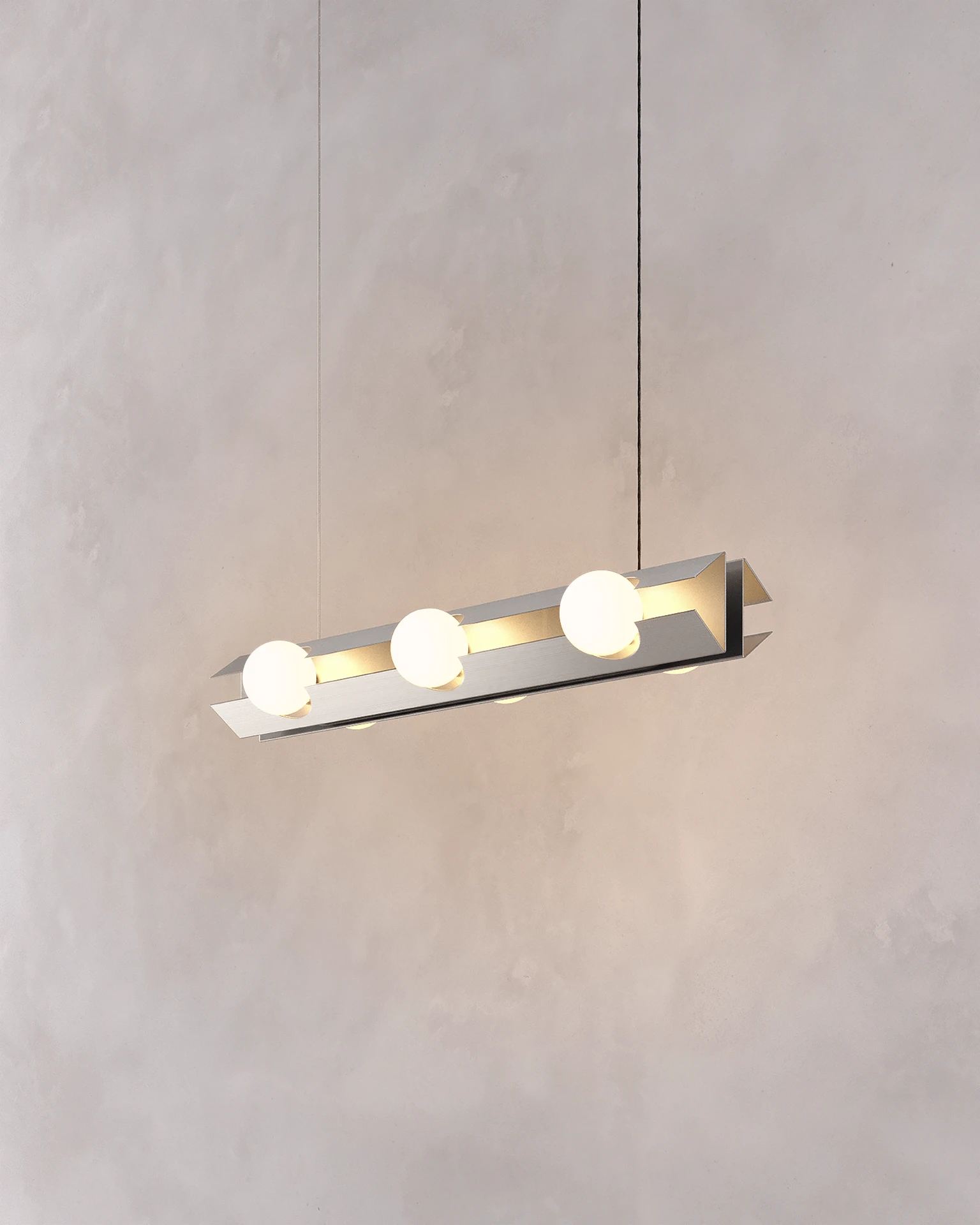 NOVA Chapter | FLUX 70 pendant lamp, horizontal, stainless steel, and glass diffusers, designed by Bandido Studio