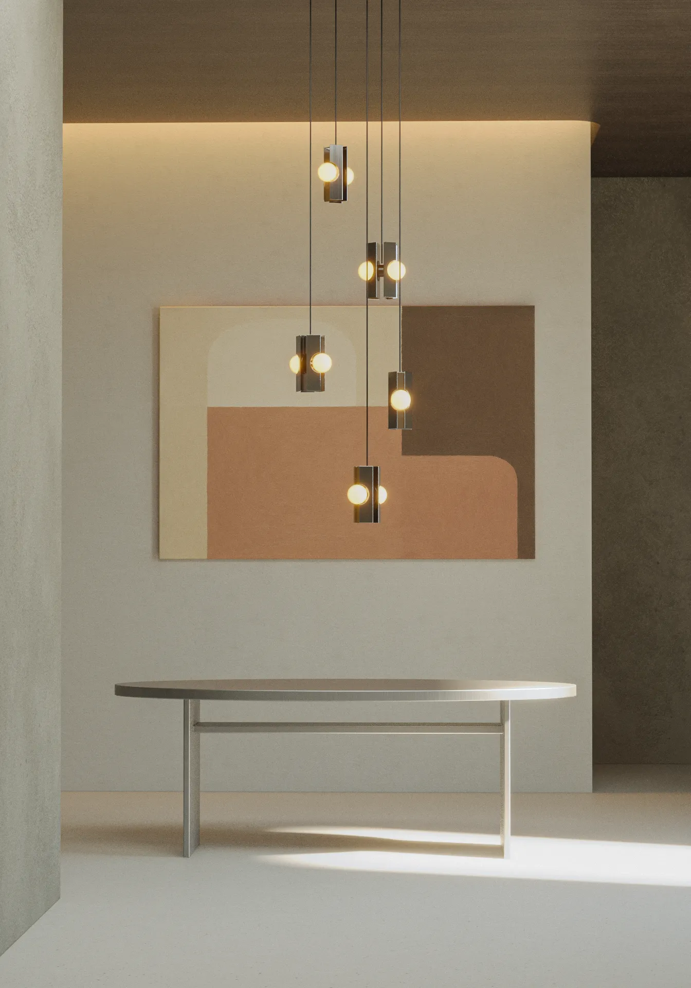 Set of FLUX steel pendant lights with a spherical glass diffuser designed in Mexico by Bandido in the dining room