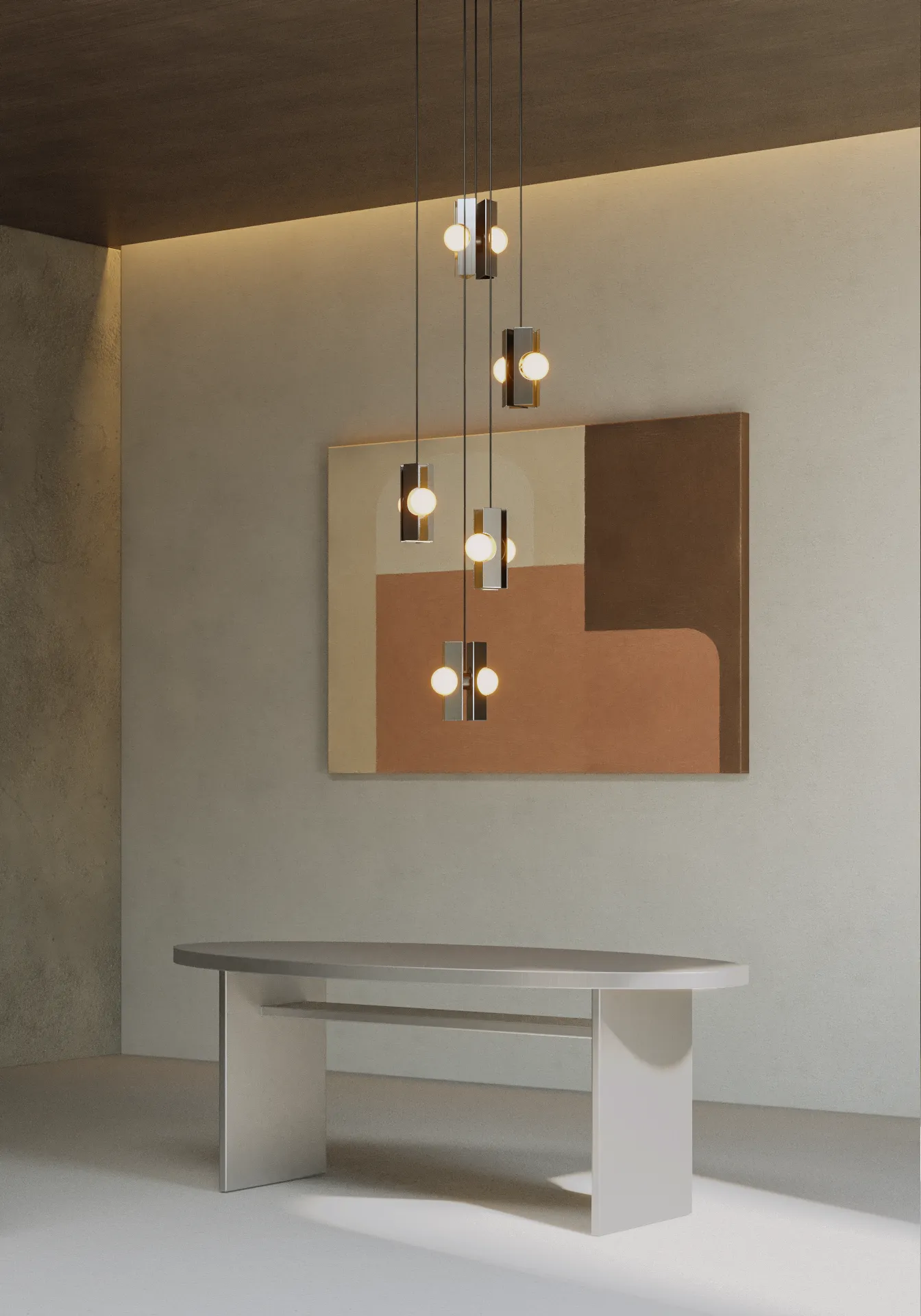 Set of FLUX steel pendant lamps with a spherical glass diffuser designed in Mexico by Bandido on a kitchen table
