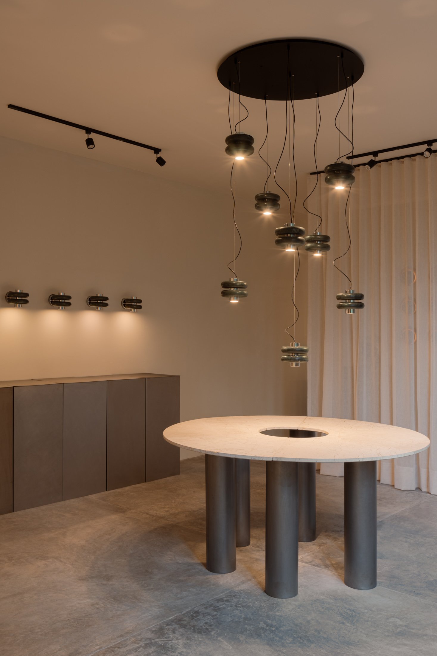 DUO pendant light set in green Tikal marble, designed by Bandido, available at Casa Rosa, Polanco, Mexico City.