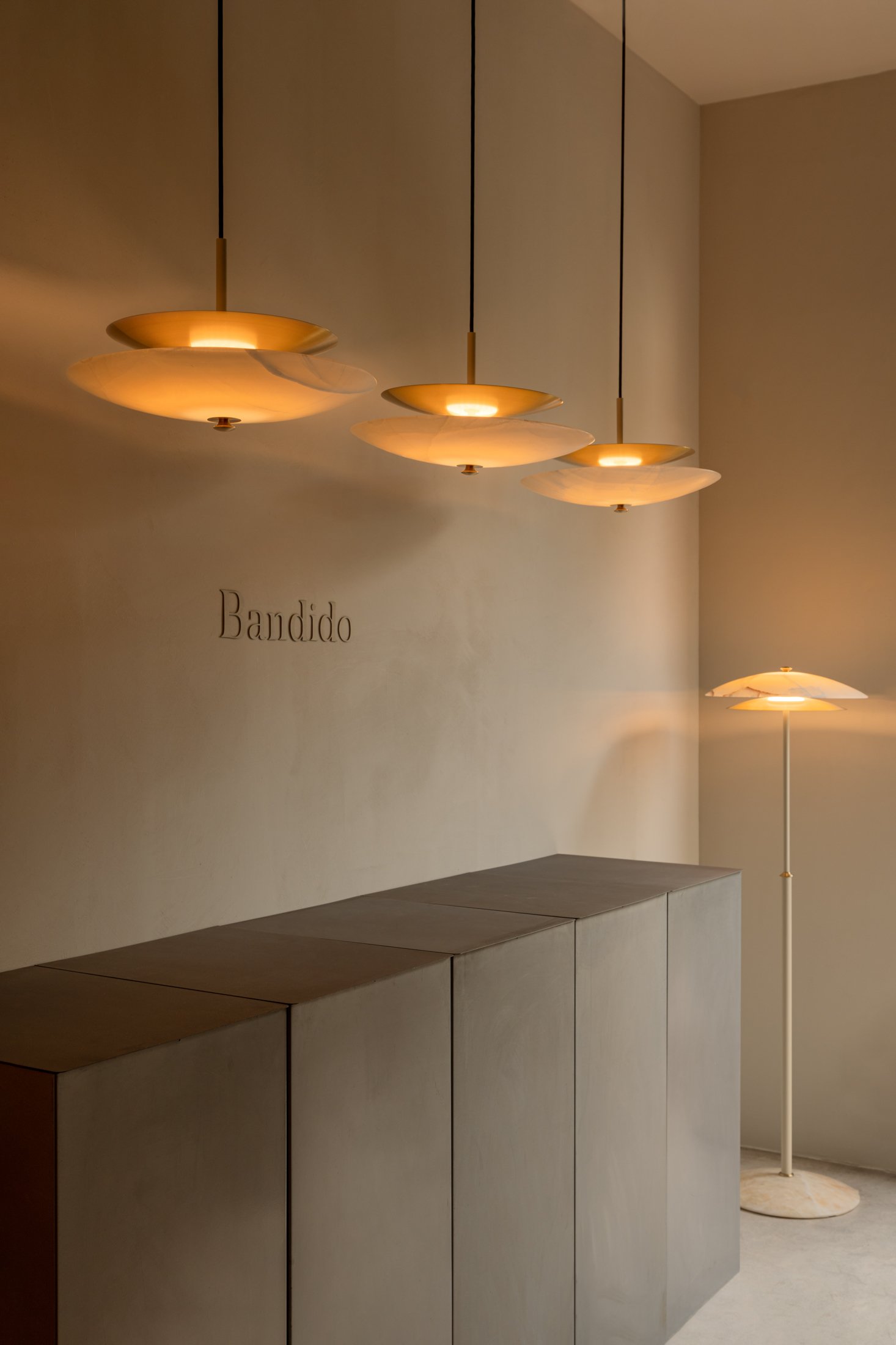 FASE collection lamps, Mexican design, on display at Casa Rosa in Mexico City.