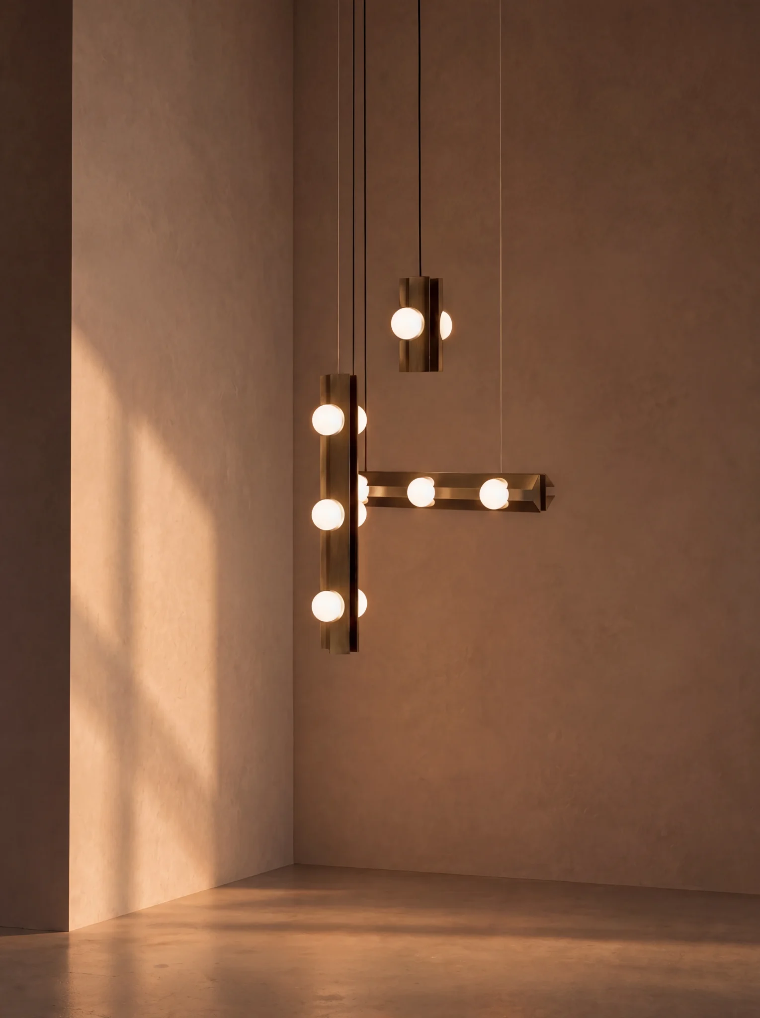 Juego de luminarias colgantes FLUX, cuerpo acero con pátina color bronce y difusores de vidrio, diseño mexicano Bandido Studio