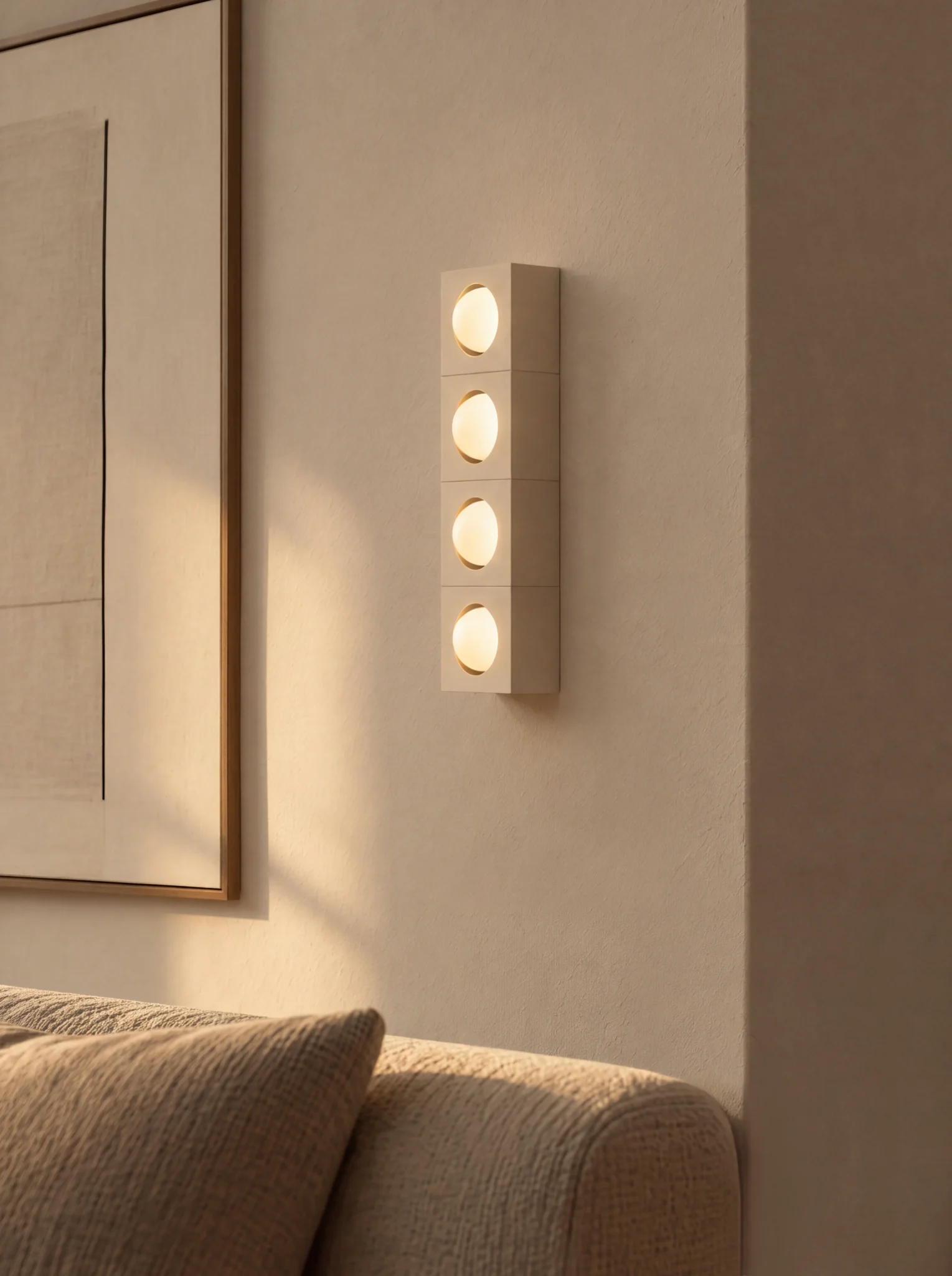Acomodo de lámparas de pared CORE nuevo color Oyster white, lámpara cuedrada con difusor esférico de vidrio, diseño Bandido Studio 2026